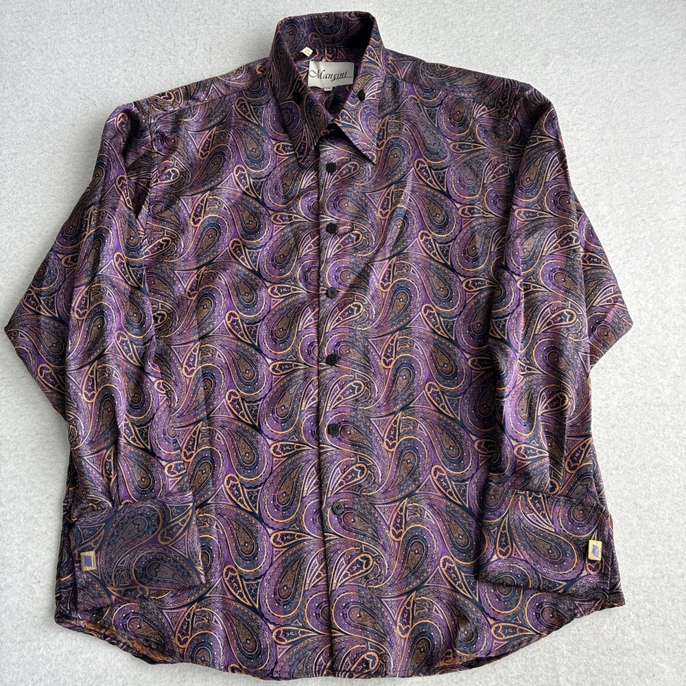 MANZINI Purple Paisley Mens Dress Shirt Long Sleeve Satin Italian 2XL XXL Party